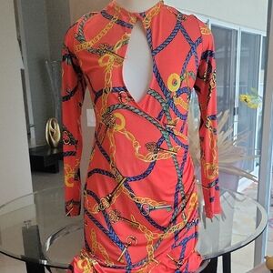 Chain Print Red Dress